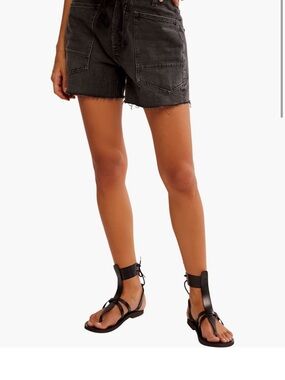Free People Black High-Rise Denim Utility Shorts